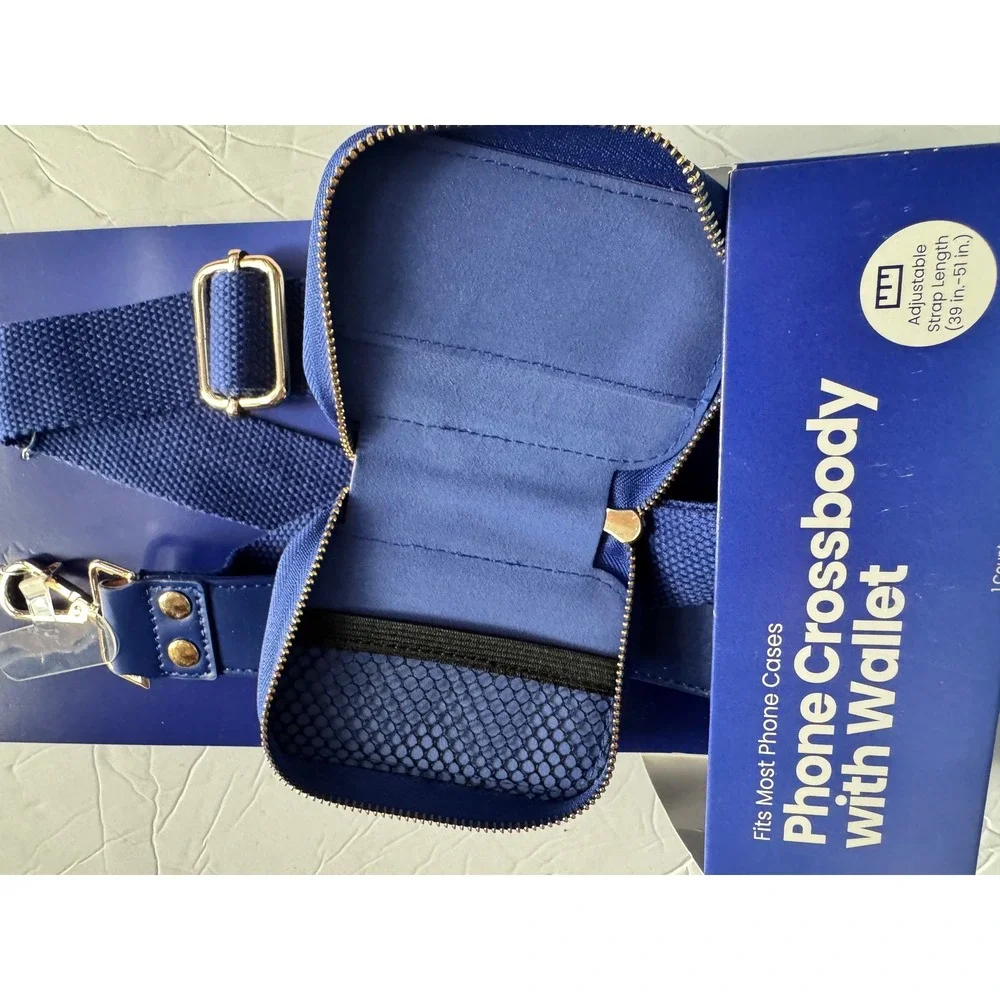 Universal Phone Crossbody with Wallet Royal Blue Adjustable Strap Gold Hardware